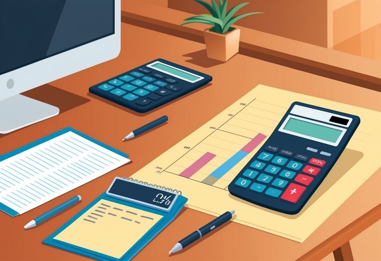 A desk with a computer, calculator, and papers.</p><p>A graph and chart showing salary data