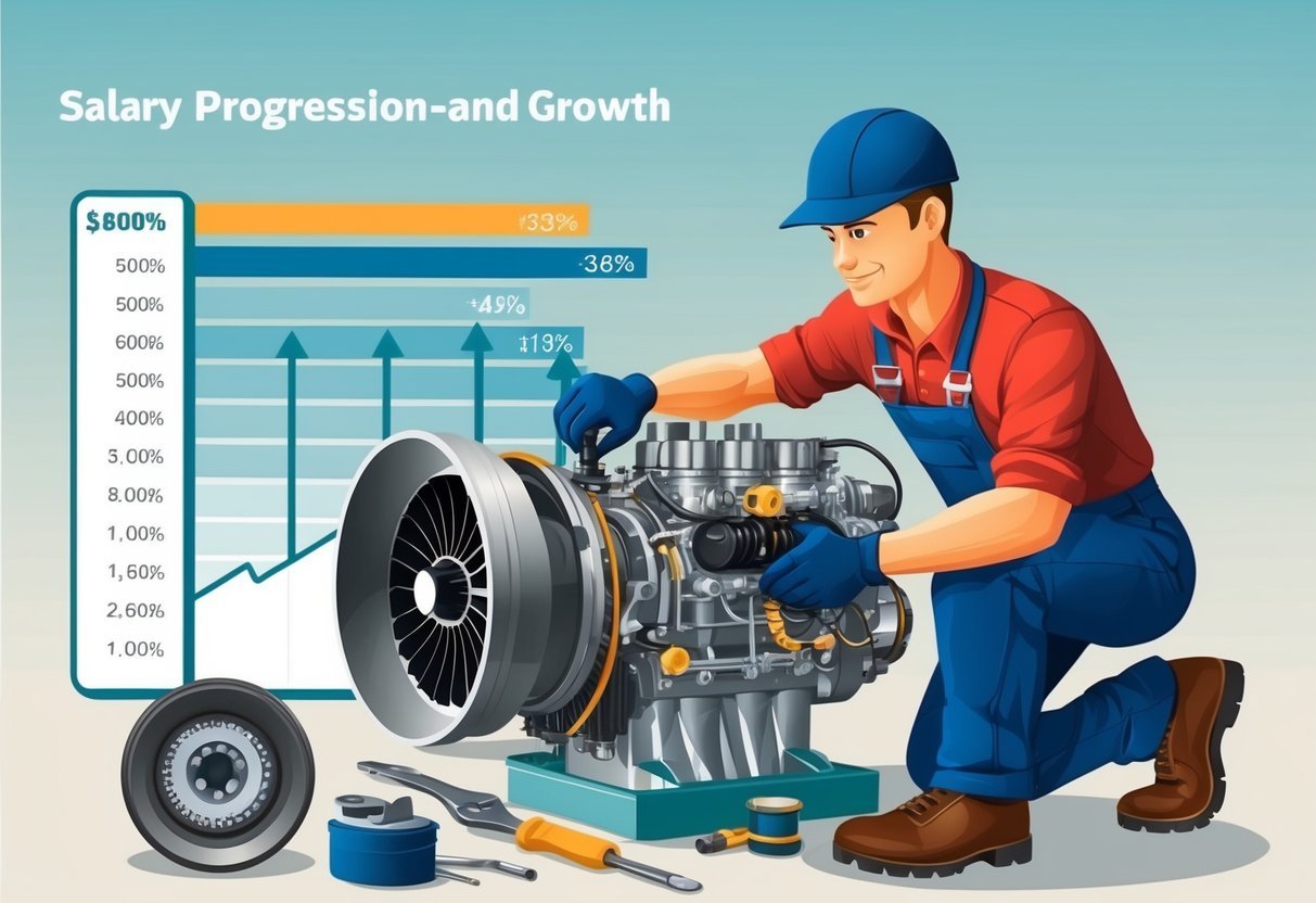 An aircraft mechanic working on an engine, surrounded by tools and parts.</p><p>A salary chart showing progression and growth in the background