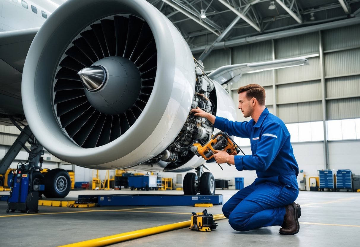 Aircraft mechanic working on a commercial jet engine in a maintenance hangar