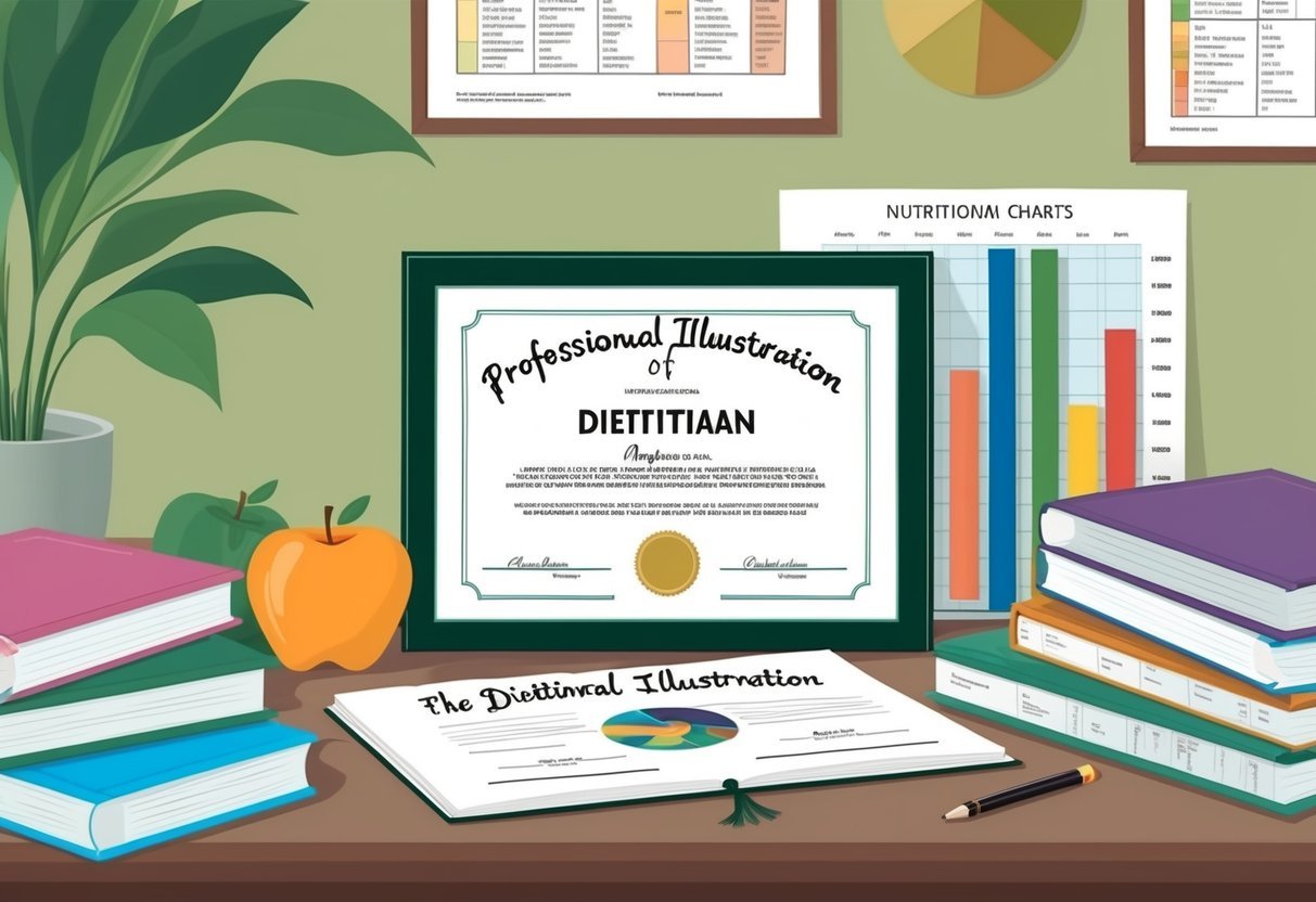 A dietitian's diploma and certification displayed on a desk, surrounded by textbooks and nutritional charts