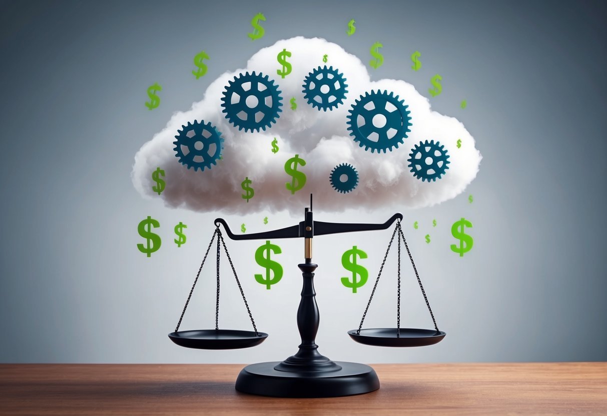 A cloud with gears and dollar signs raining down on a salary scale