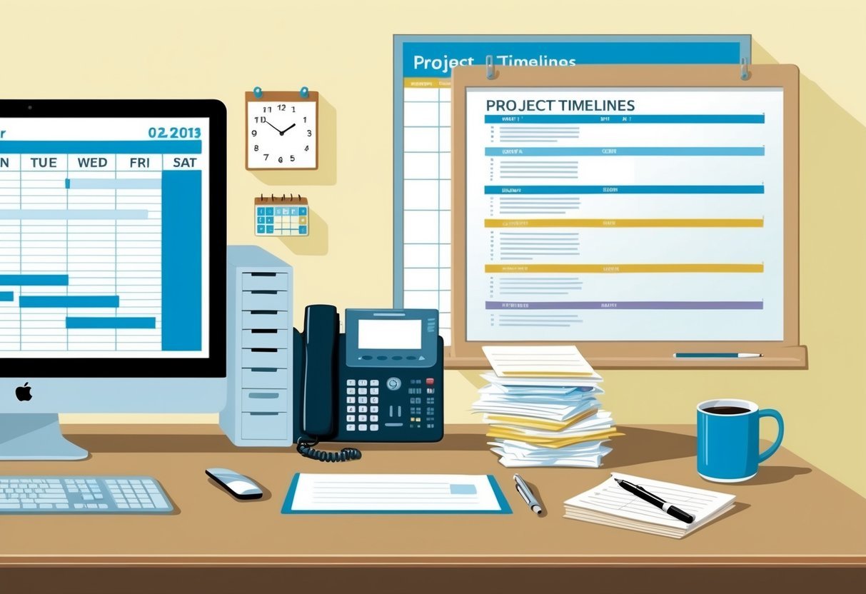 A busy office desk with a computer, phone, and calendar.</p><p>A stack of papers, a pen, and a mug of coffee.</p><p>A whiteboard with project timelines