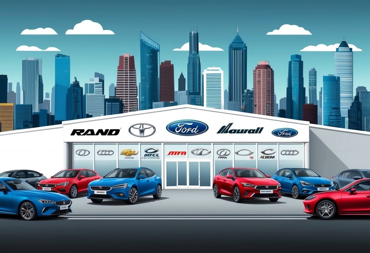 A car showroom with multiple brand logos displayed, set against a backdrop of different city skylines