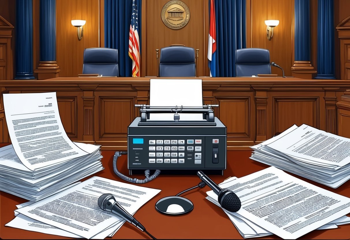 A courtroom with a stenography machine and microphone, surrounded by legal documents and a judge's bench