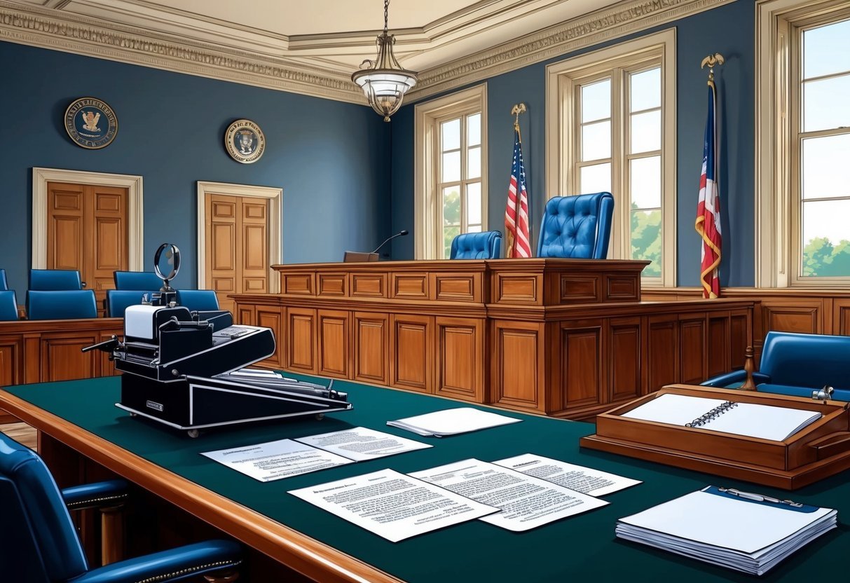 A courtroom with a stenographer's machine, legal documents, and a judge's bench