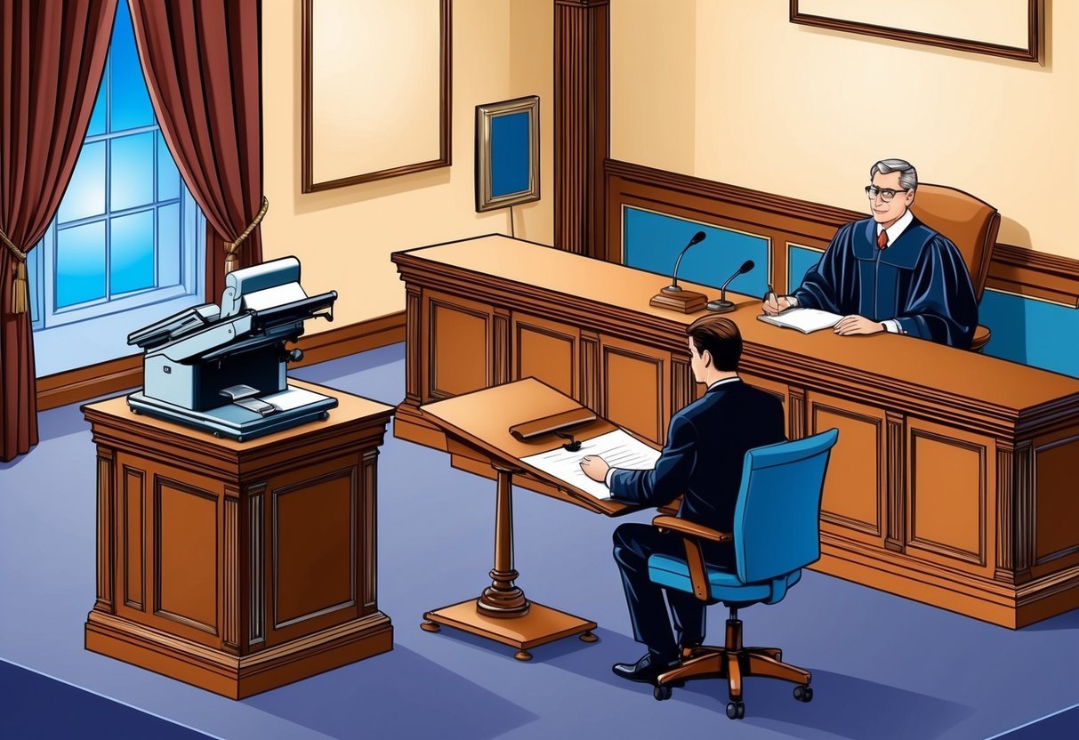 A courtroom with a stenography machine and a judge's bench.</p><p>A court reporter sits in the corner, transcribing the proceedings