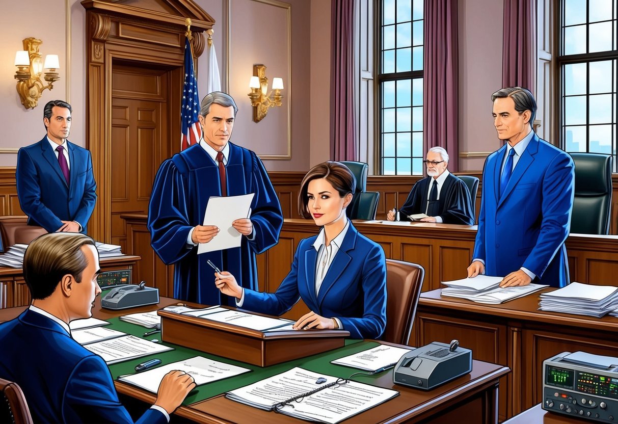 A courtroom with a court reporter sitting at a desk, transcribing legal proceedings.</p><p>The judge and lawyers are present, and the room is filled with legal documents and recording equipment