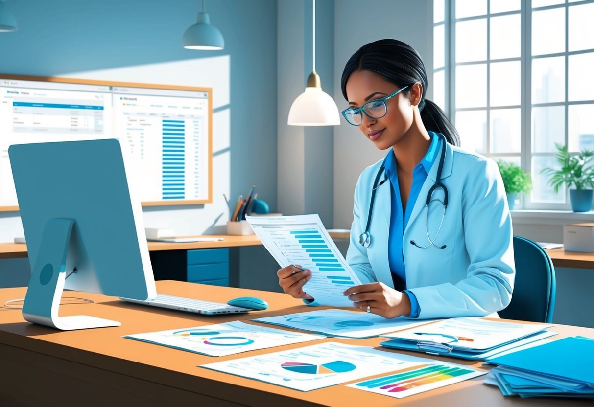 A clinical research coordinator reviewing data and protocols at a desk in a well-lit office with a computer and research materials spread out