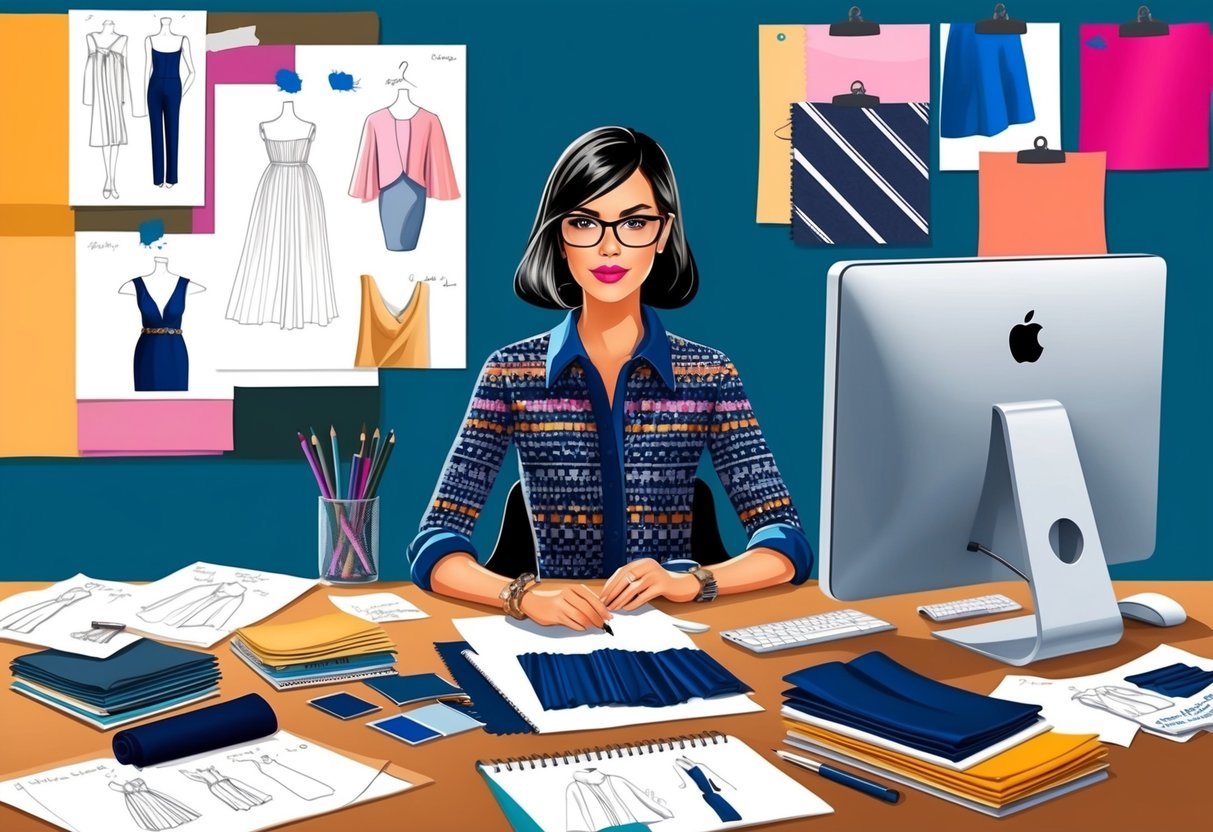 A fashion designer surrounded by sketches and fabric swatches, working at a desk with a computer and mood boards, reflecting the industry outlook and trends