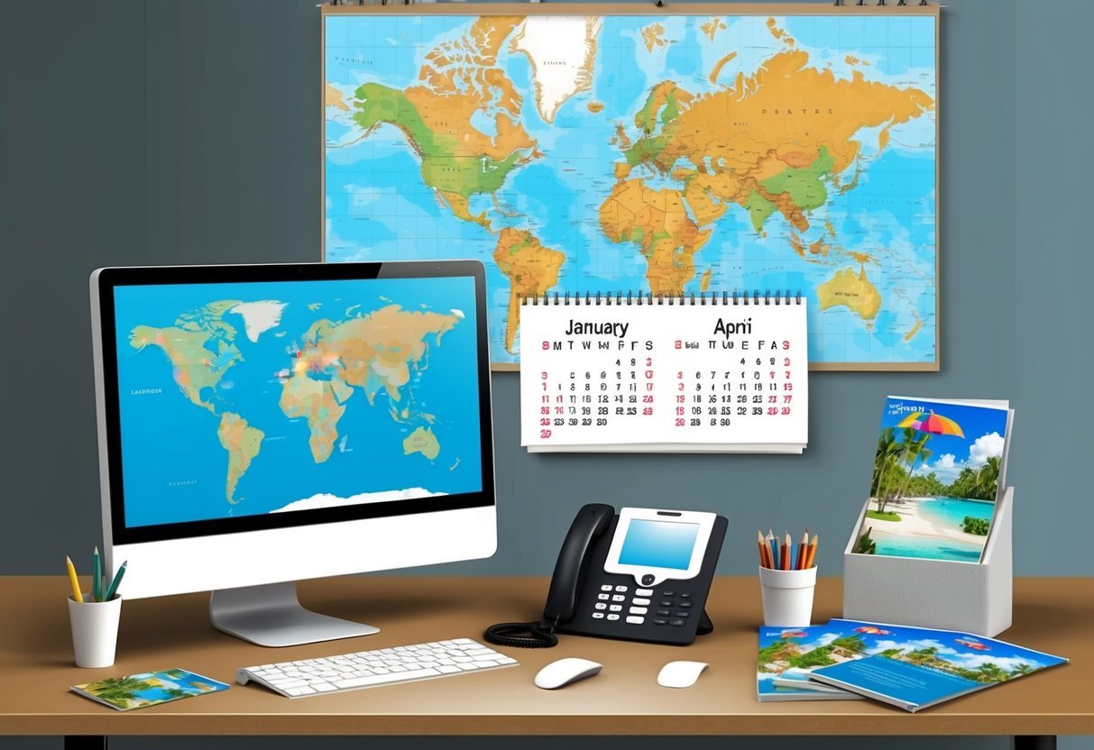 A desk with a computer, phone, and travel brochures.</p><p>A world map on the wall.</p><p>A calendar with vacation destinations marked