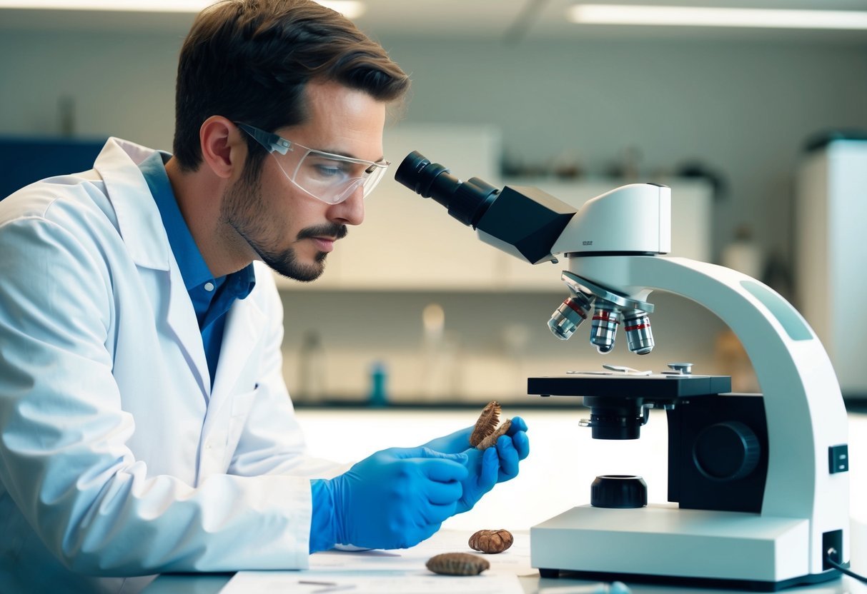 A biologist in a lab coat studying specimens under a microscope