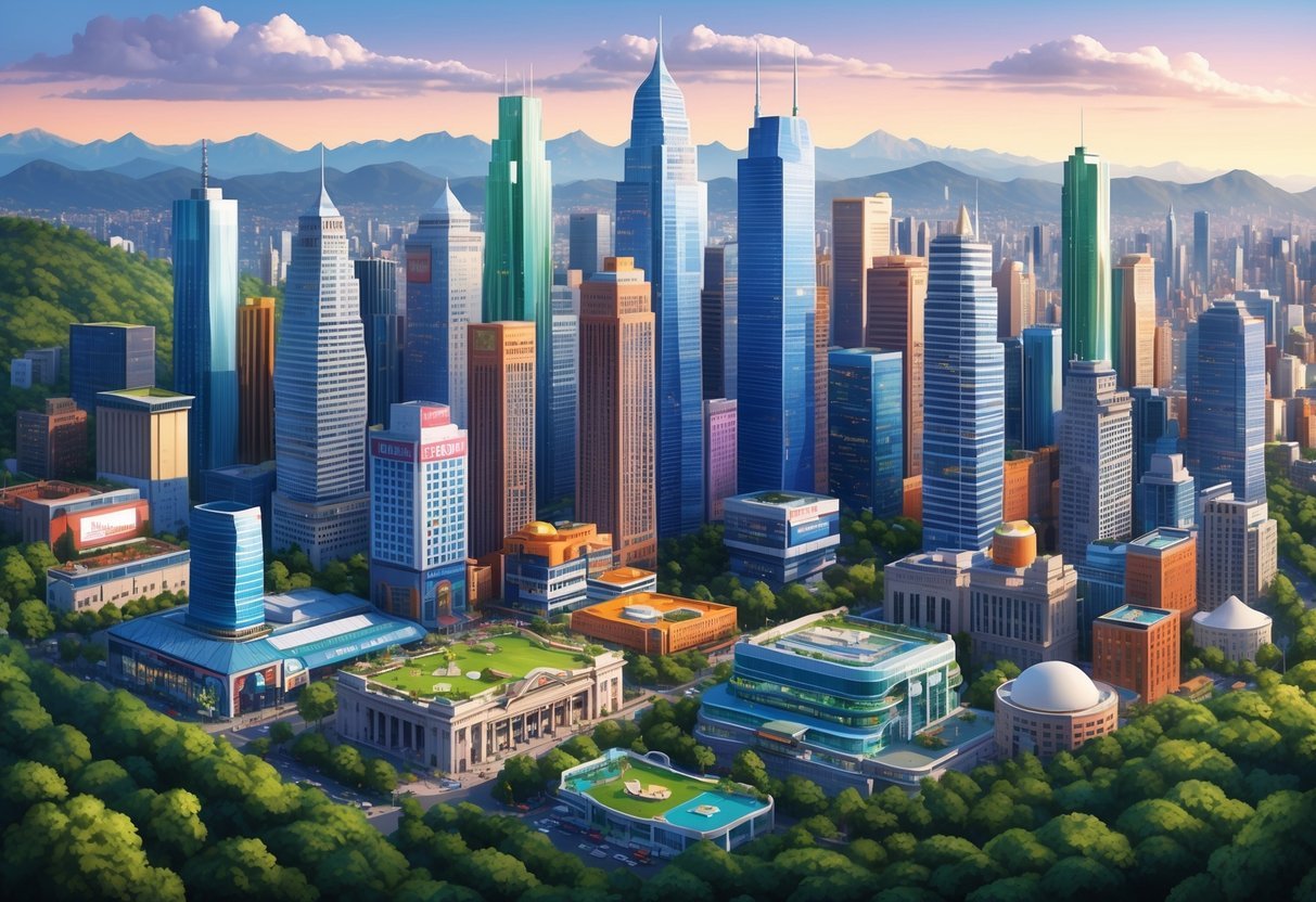 A bustling city skyline with skyscrapers and animation studios, surrounded by lush greenery and mountains in the distance