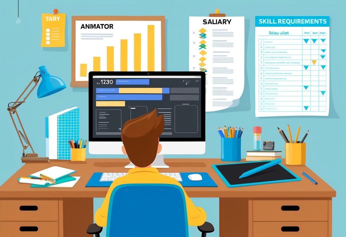 An animator's desk with a computer, drawing tablet, and various art supplies.</p><p>A salary chart and skill requirements list are pinned to the wall