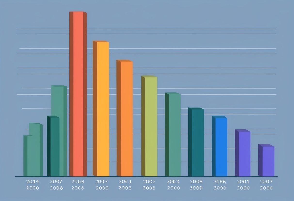 A series of ascending and descending bars, representing the fluctuating stenographer salaries over time