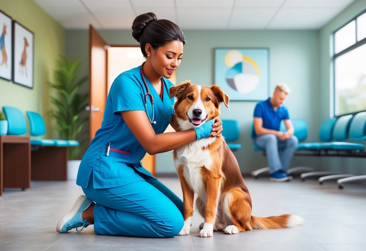 A veterinary assistant comforting a nervous dog in a clinic waiting room