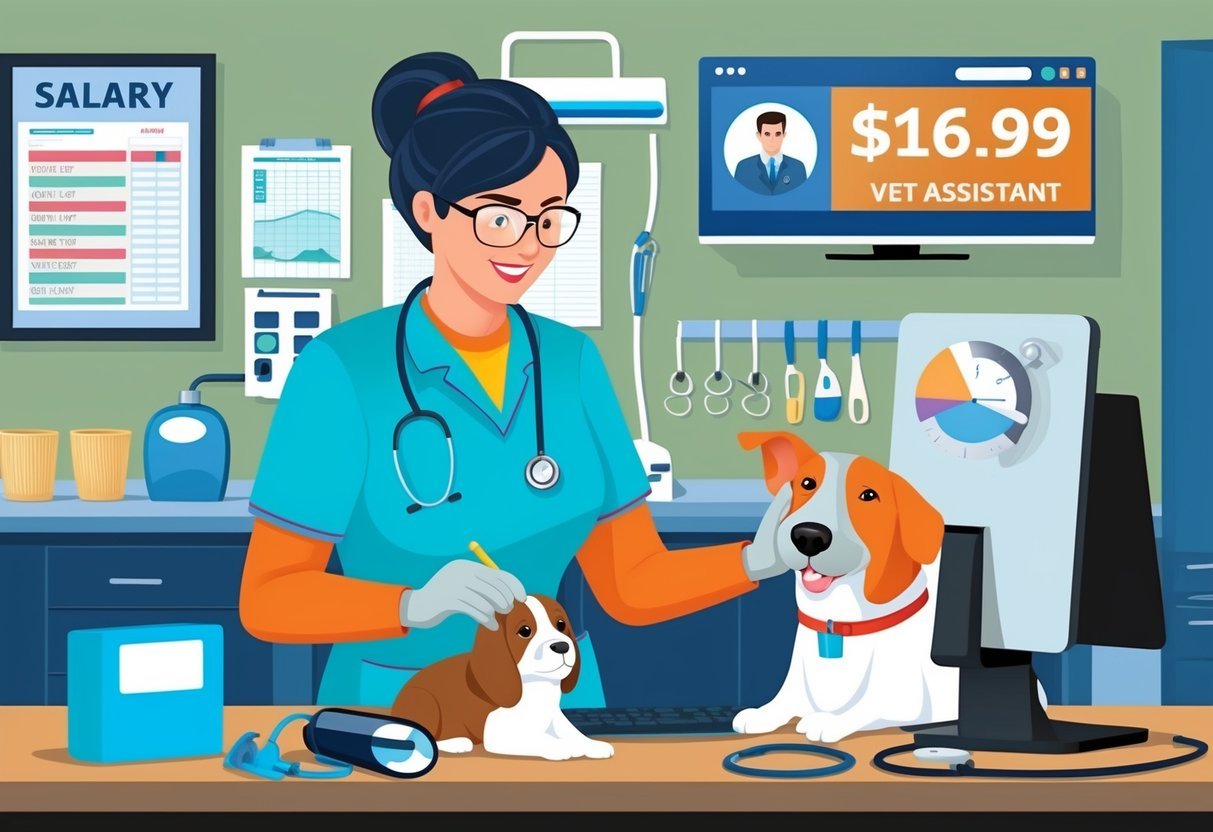 A vet assistant caring for animals in a clinic, surrounded by medical equipment and charts, with a salary figure displayed on a computer screen