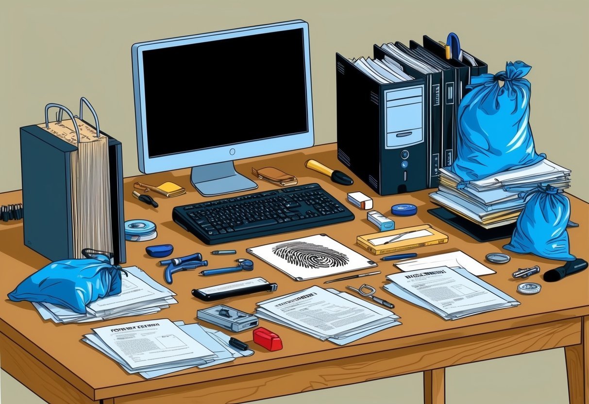 A cluttered desk with forensic tools, a computer, and case files.</p><p>A fingerprint kit and evidence bags are scattered around