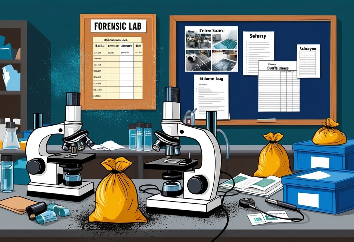 A cluttered forensic lab with microscopes, evidence bags, and fingerprint dust.</p><p>A bulletin board displays crime scene photos and salary charts