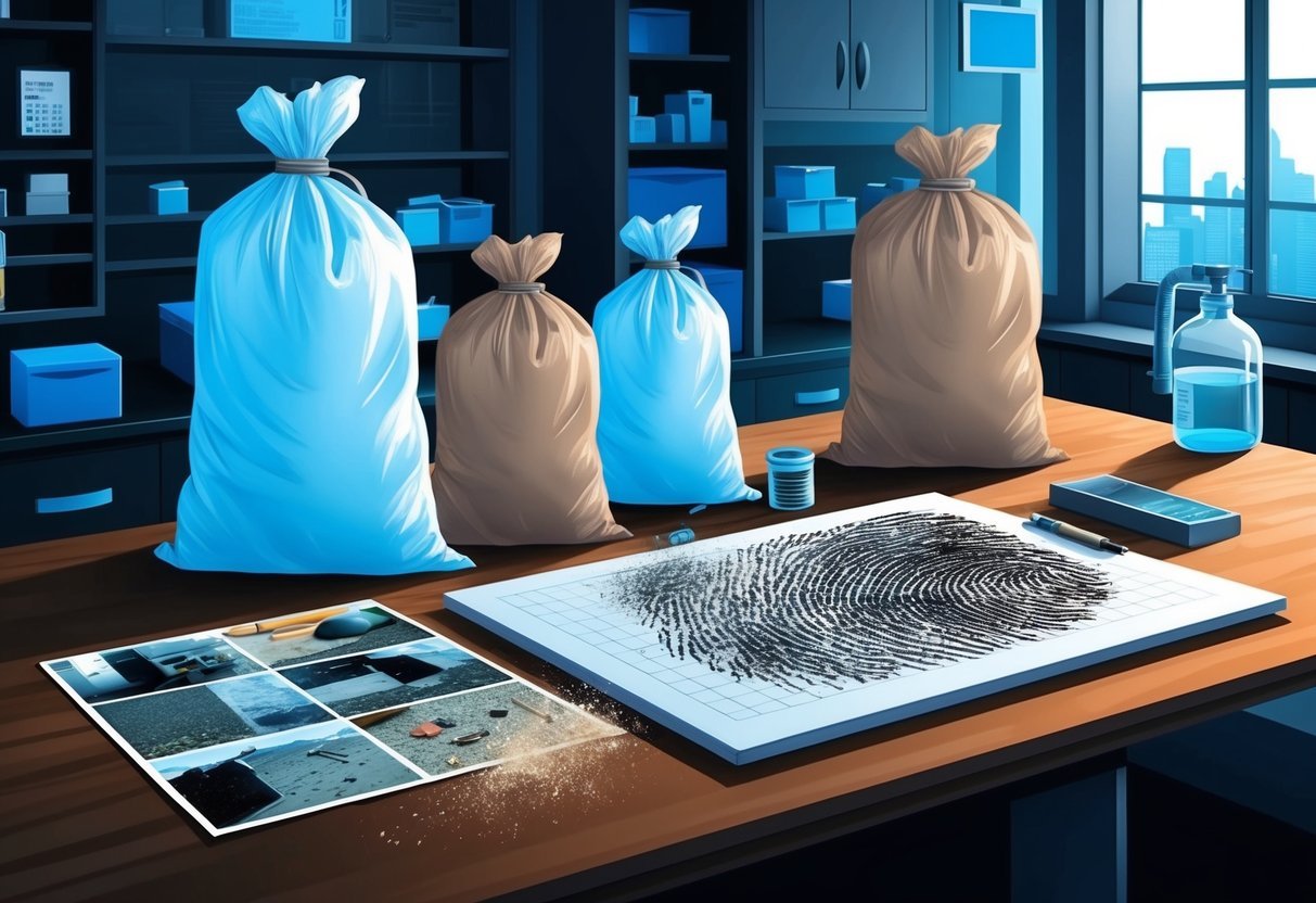 A forensic lab with evidence bags, fingerprint dust, and crime scene photos on the table