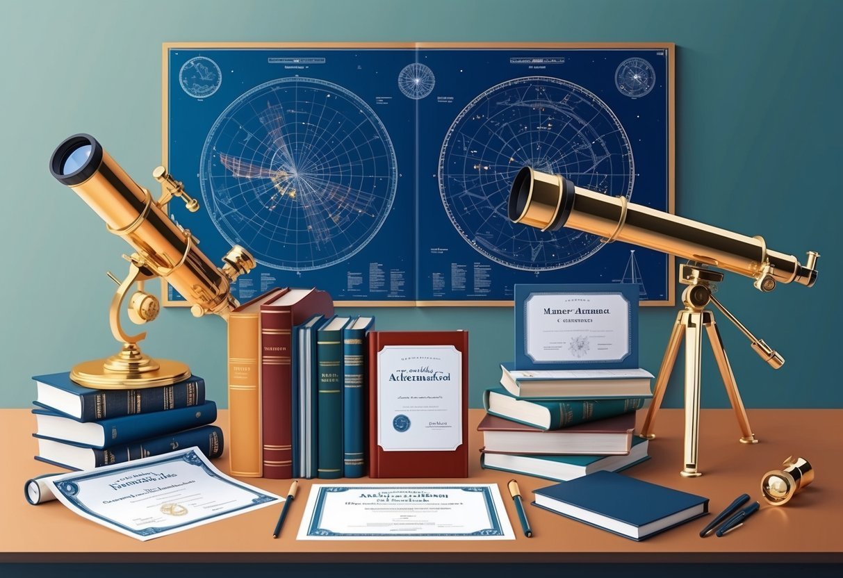 Astronomical instruments, books, and educational certificates arranged on a desk, with a telescope and star charts in the background