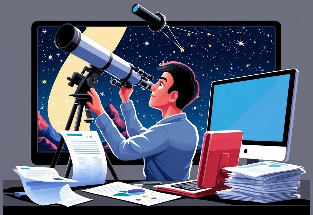 Astronomer observing stars through a telescope, surrounded by research papers and computer screens