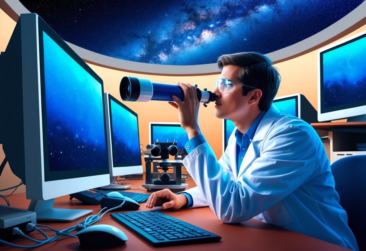 A scientist in a lab coat peers through a telescope at the night sky, surrounded by computer monitors and scientific equipment