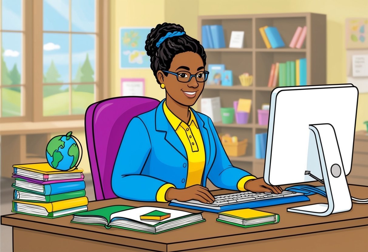 A paraprofessional sits at a desk, surrounded by educational materials and a computer.</p><p>They are engaged in a task, demonstrating their role and responsibilities