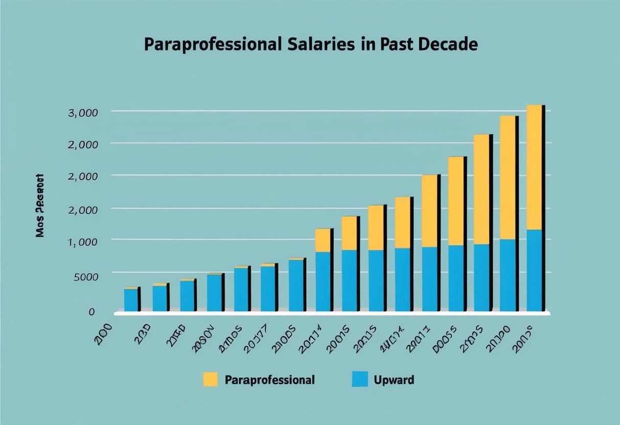 A bar graph showing the upward trend of paraprofessional salaries over the past decade, with the most recent data highlighted in a contrasting color