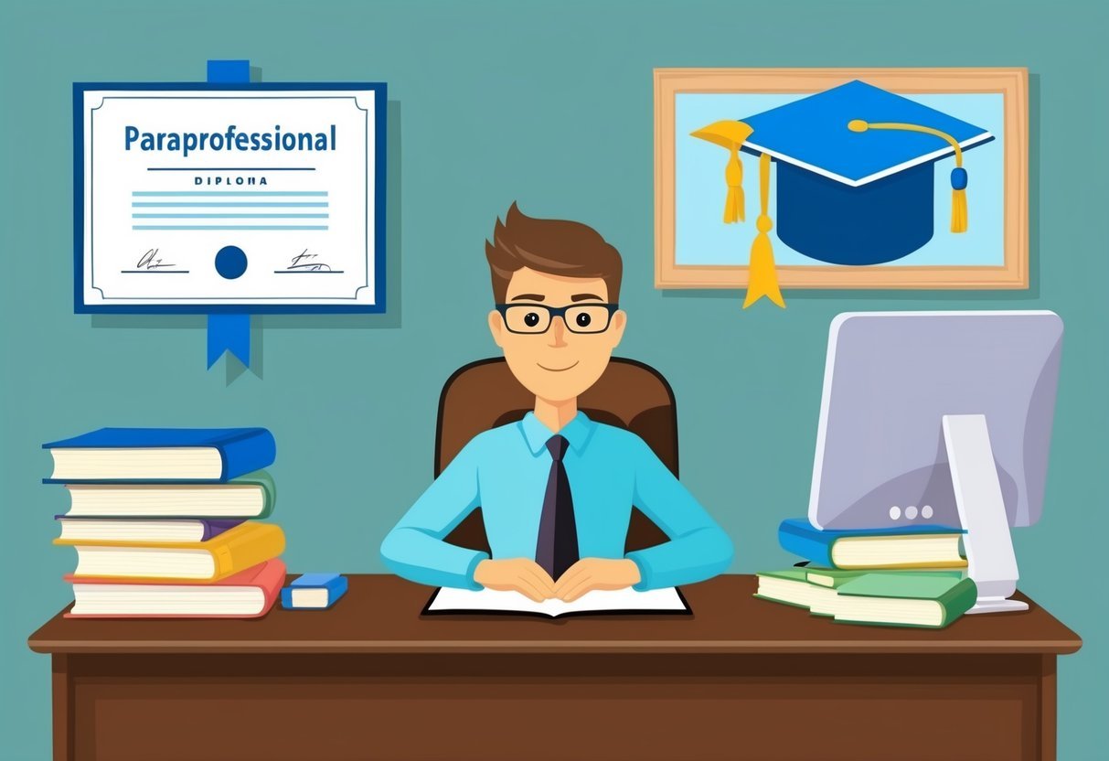 A paraprofessional sitting at a desk with a diploma on the wall, surrounded by books and a computer, symbolizing advancement and higher earning potential