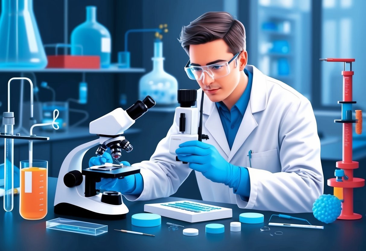 A microbiologist working in a laboratory, surrounded by scientific equipment and tools, analyzing samples under a microscope