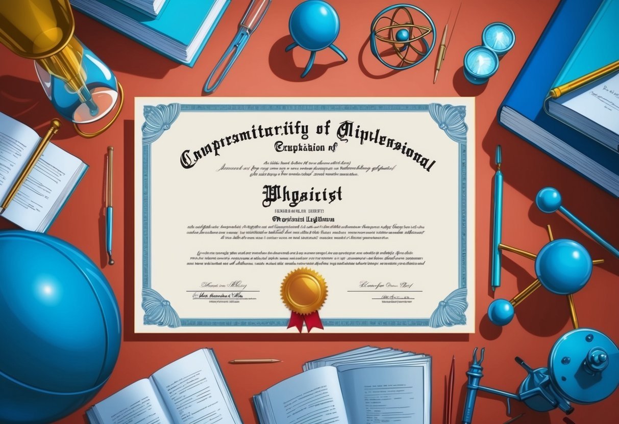 A physicist's diploma surrounded by textbooks and scientific equipment