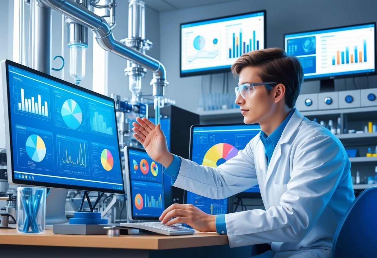 A physicist working in a modern laboratory, surrounded by advanced equipment and technology, with charts and graphs displayed on computer screens