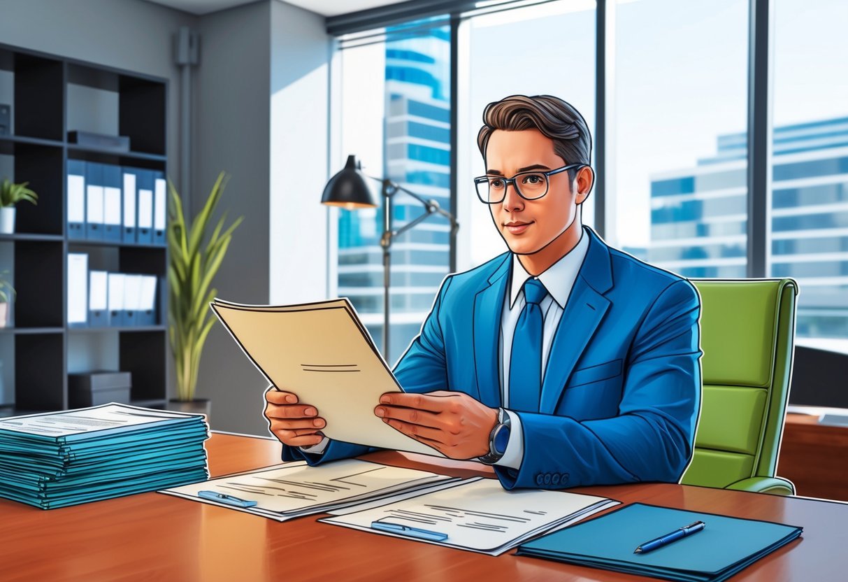 An underwriter reviewing financial documents at a desk in a modern office setting