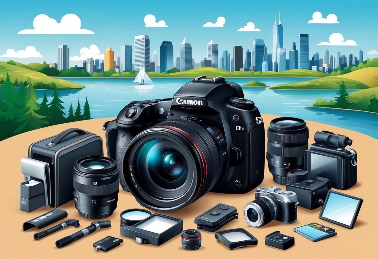 A camera surrounded by various photography equipment, with a backdrop of scenic landscapes and city skylines, showcasing the diverse opportunities in photography careers