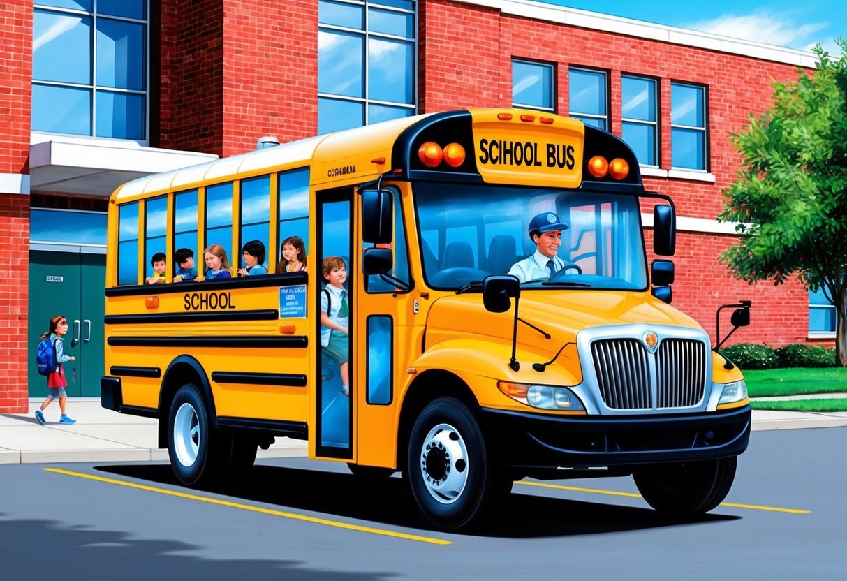 A school bus parked in front of a school, with children boarding and a driver in the driver's seat