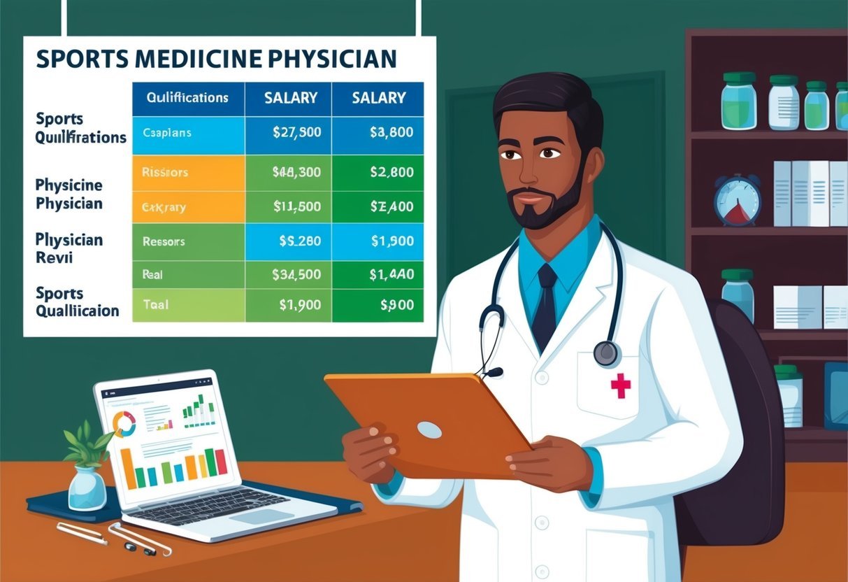 A sports medicine physician reviewing qualifications and salary data