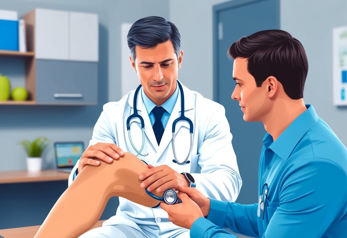 A sports medicine physician examining a patient's knee with a stethoscope in a modern clinic setting