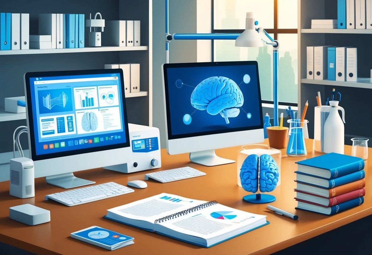 A research lab with modern equipment and computers, a brain model, and scientific journals on a desk