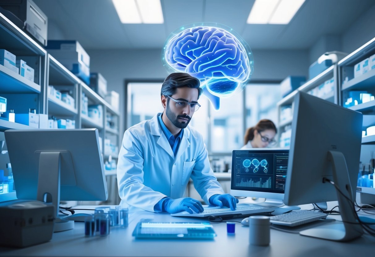 A neuroscientist working in a modern laboratory, surrounded by advanced equipment and computers, conducting research and analyzing data