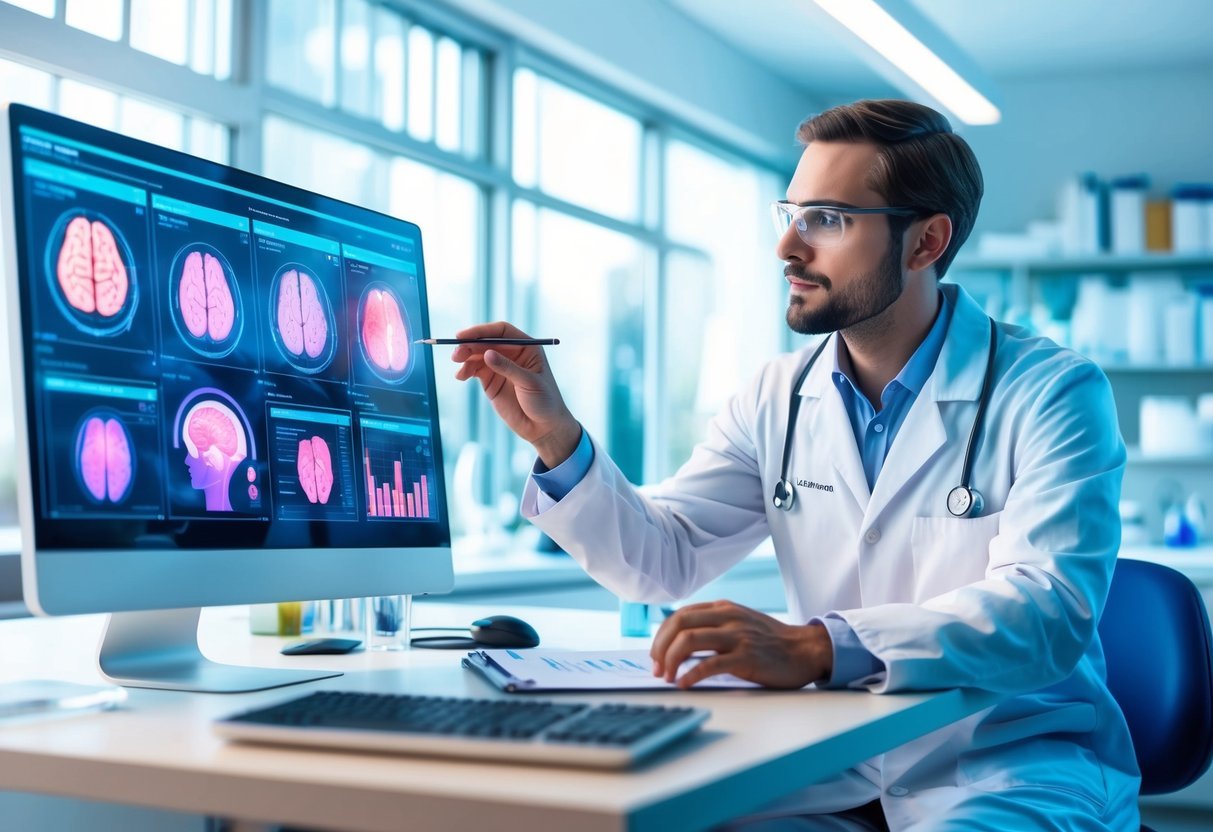 A neuroscientist analyzing brain scans and data charts in a modern laboratory setting