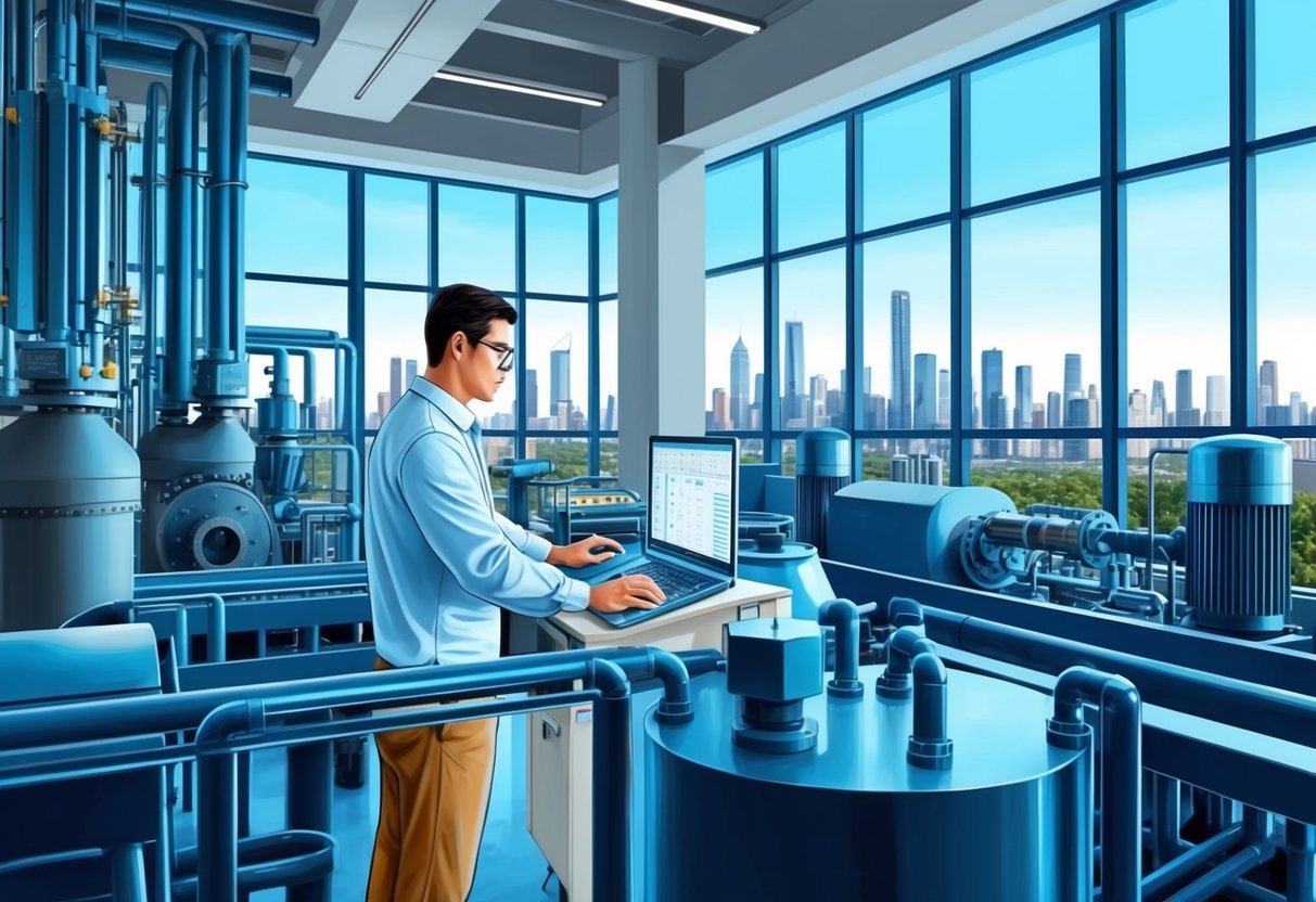 A process engineer working in a modern industrial facility, surrounded by high-tech equipment and machinery, with a backdrop of a city skyline visible through large windows