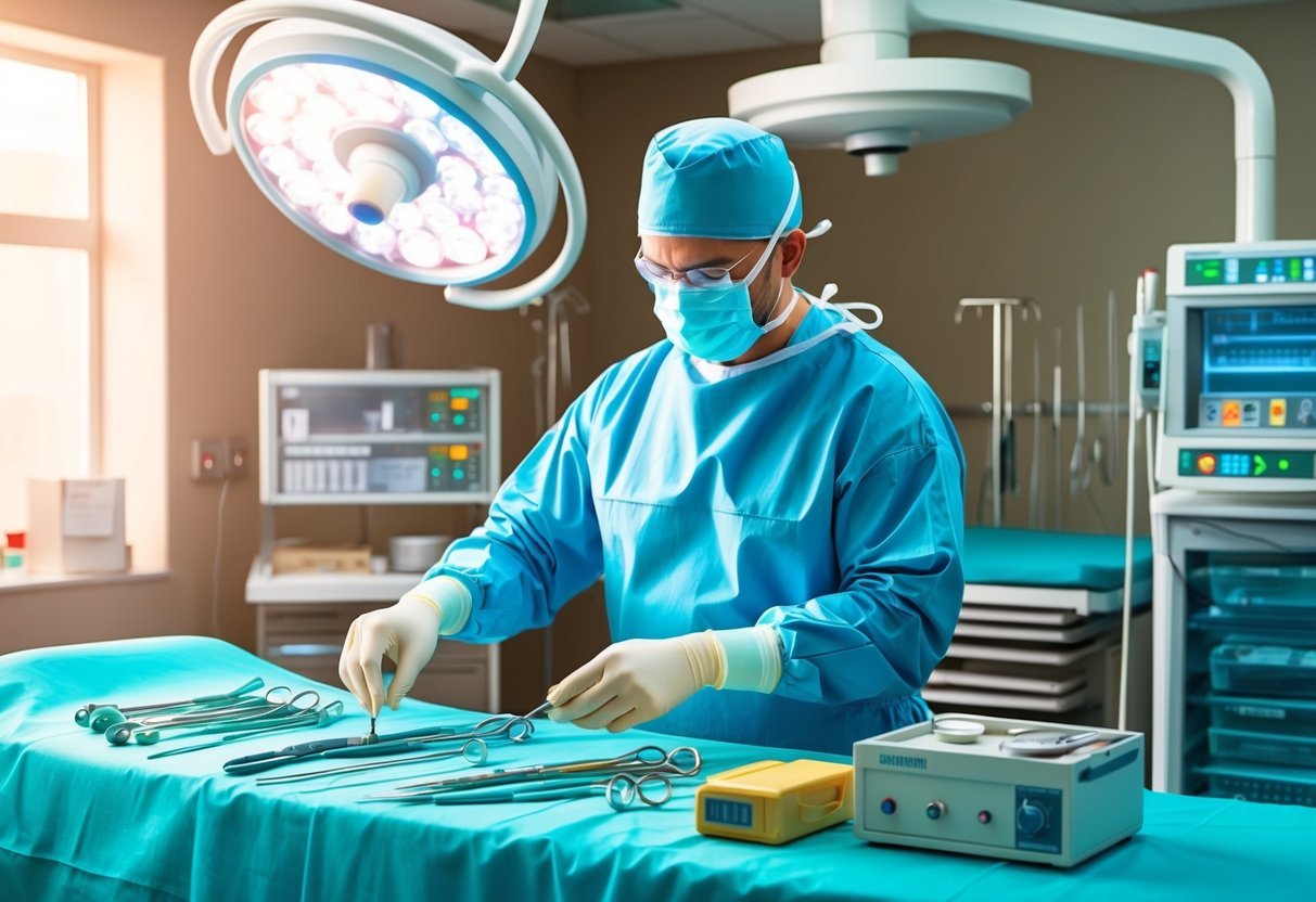 A surgical technician prepares instruments and equipment in an operating room