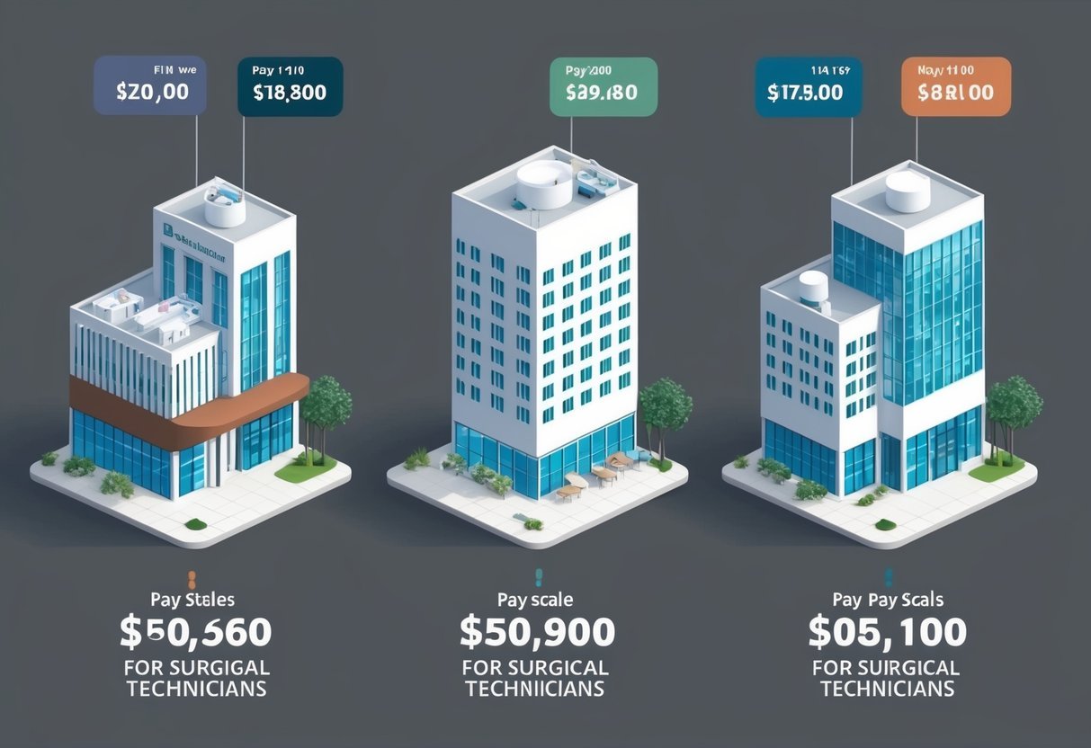 A group of surgical facilities with varying sizes and levels of technology, each with different pay scales for surgical technicians