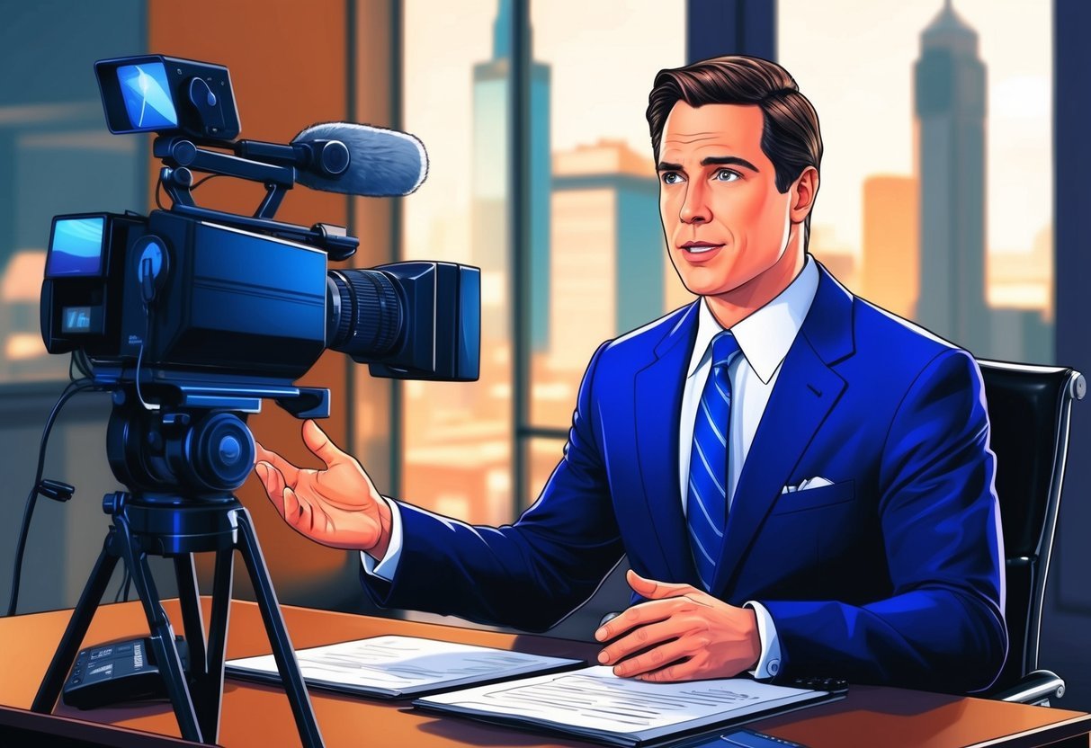 A news anchor reporting at a desk with a microphone and camera