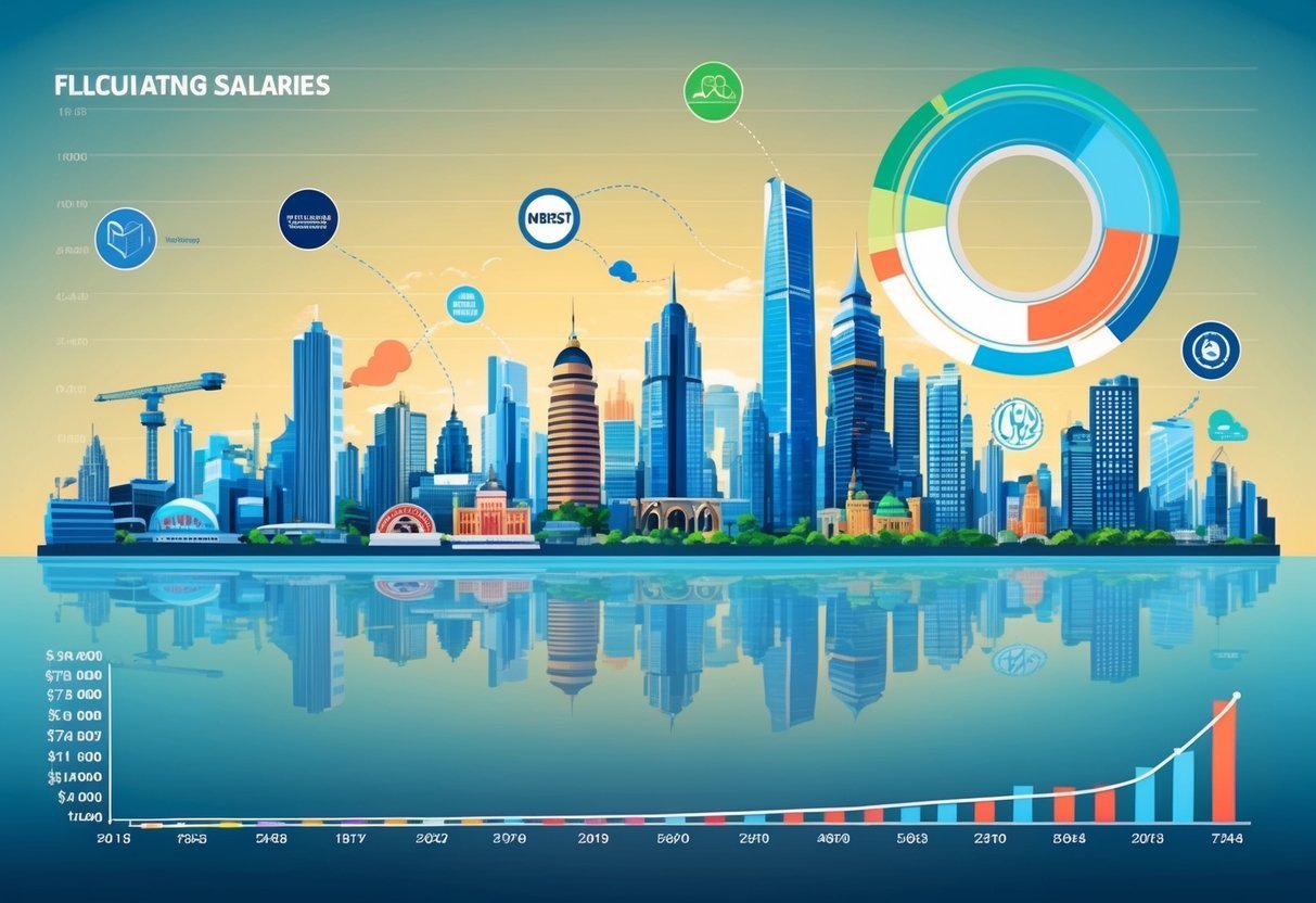 A bustling city skyline with various industry logos and geographical landmarks, surrounded by a chart showing fluctuating salaries