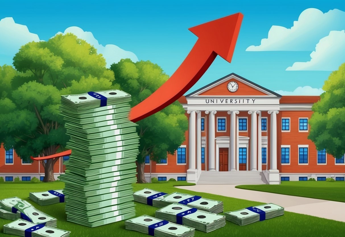 A stack of money with a growing arrow next to a university building