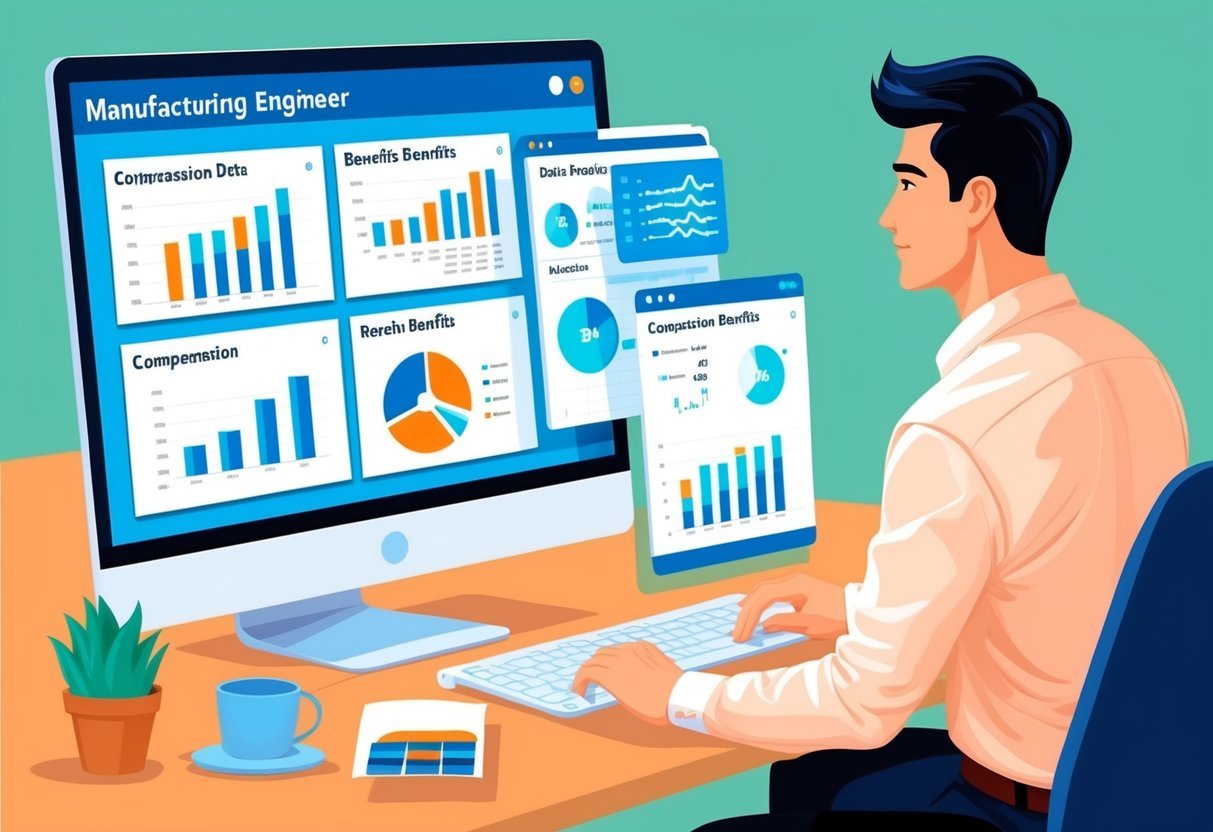 A manufacturing engineer analyzing compensation and benefits data with charts and graphs on a computer screen