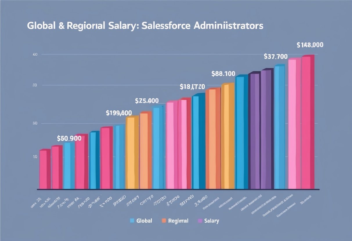 A bar graph showing global and regional salary trends for Salesforce administrators