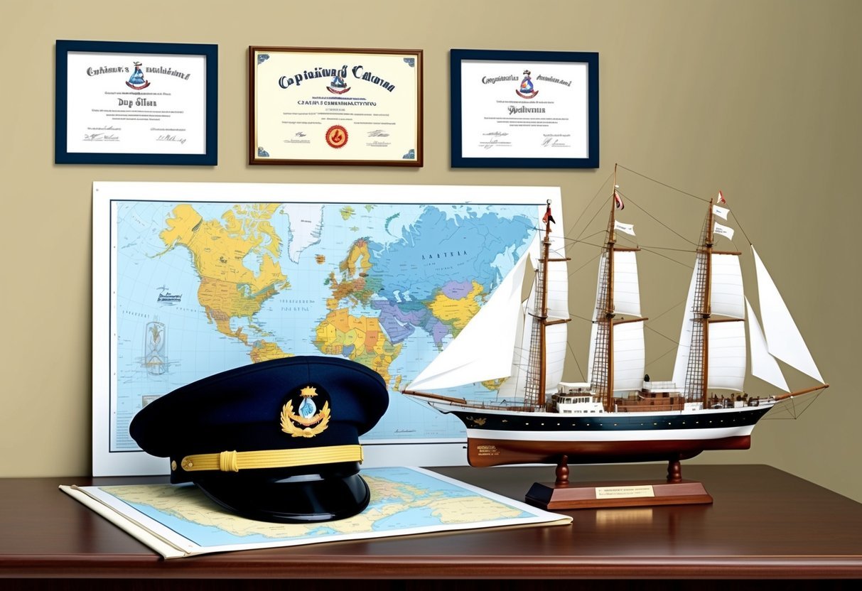 A captain's hat and uniform laid out next to a navigational chart and a model ship.</p><p>A diploma and certificates hang on the wall