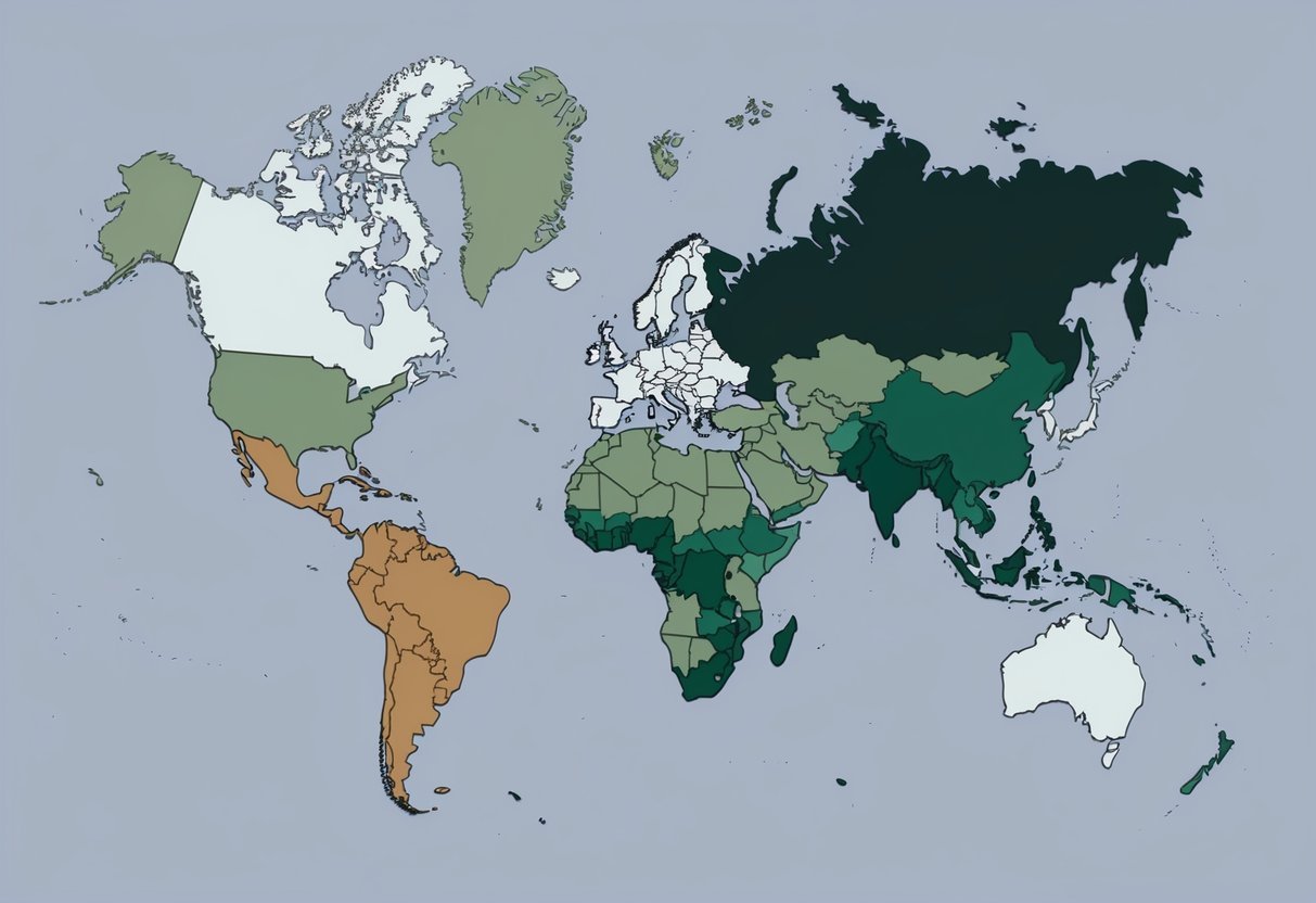 A map of the world with varying shades to represent different anesthesia technician salaries in different geographic regions